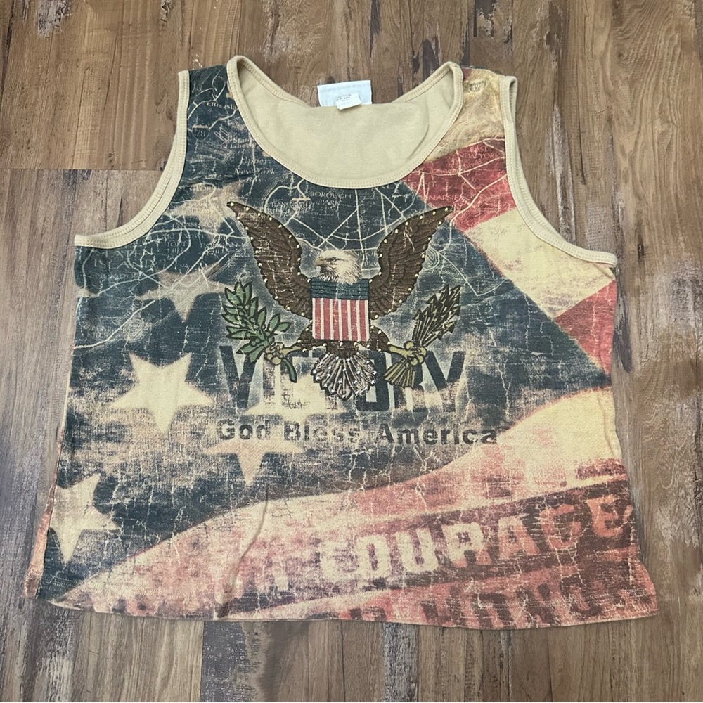 VTG Y2K 2000s Flag USA God Bless American Studded Eagle Distressed Style Top